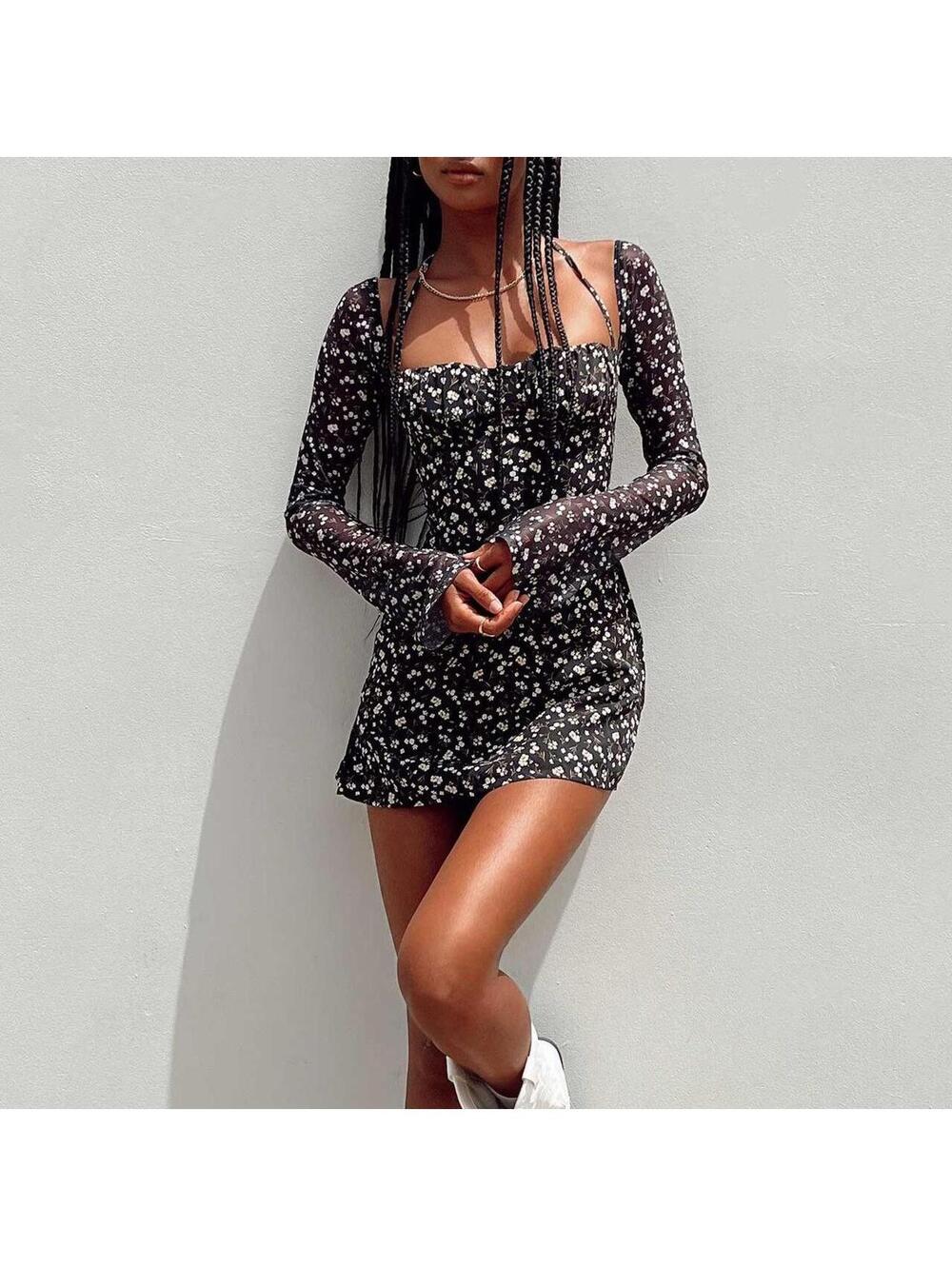 ੈ✩‧₊˚princess polly black floral mini dress